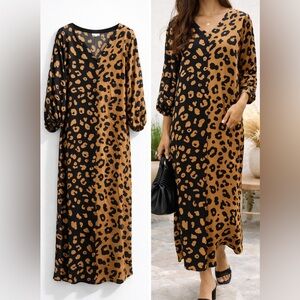 Oddy Colorblock Leopard‎ Animal Print V-Neck Maxi Midi Dress Black Camel Size 1X